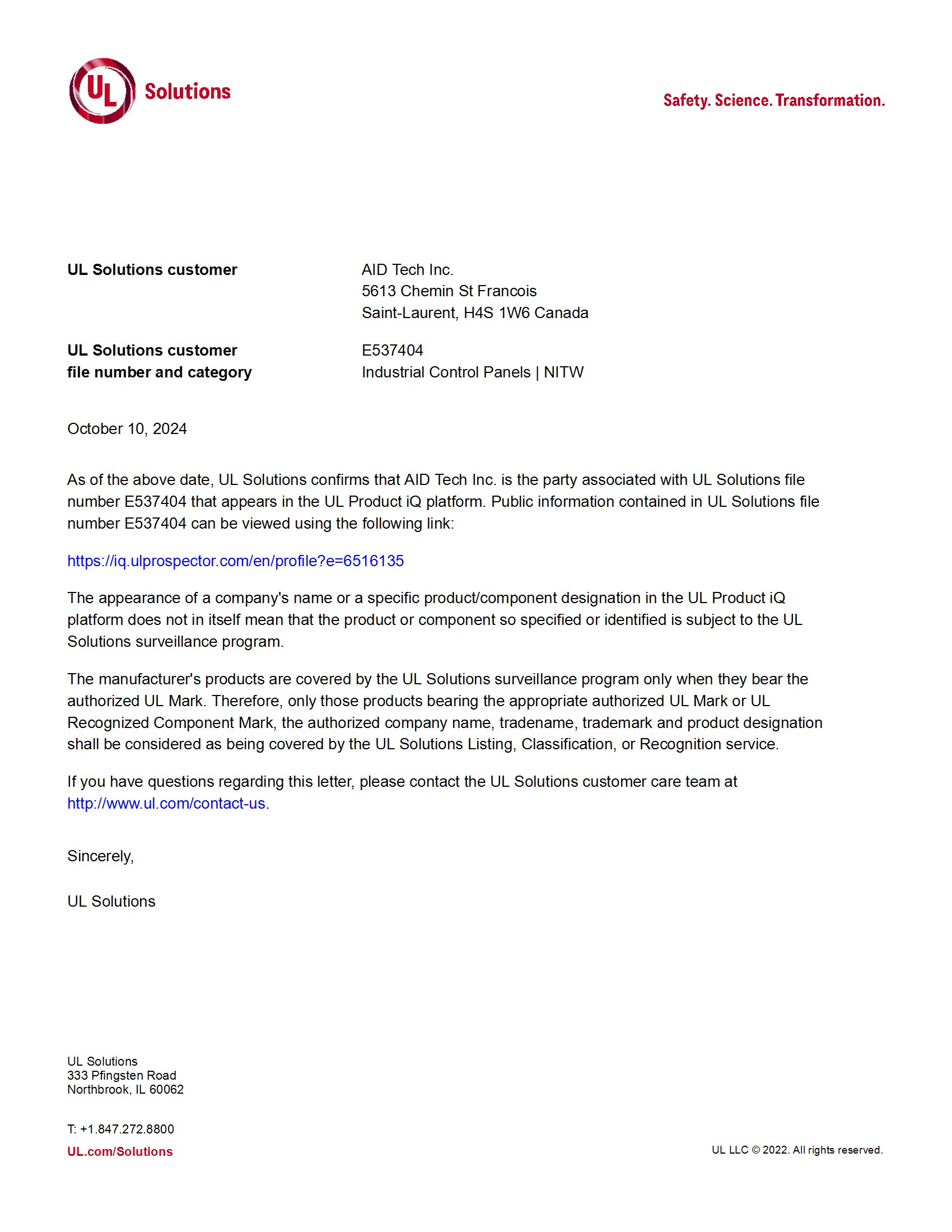 Lettre de confirmation